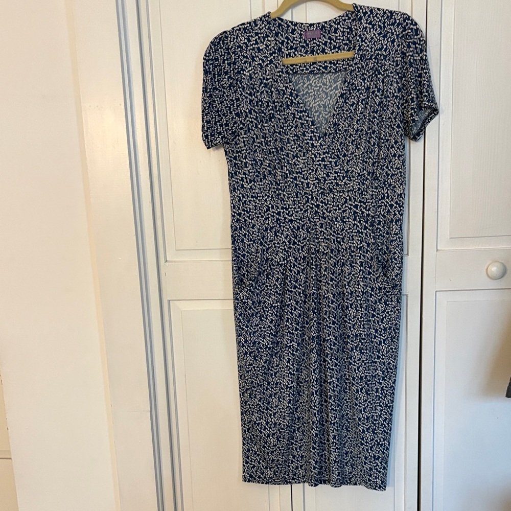 Printed Navy V-Neck Midi Dress